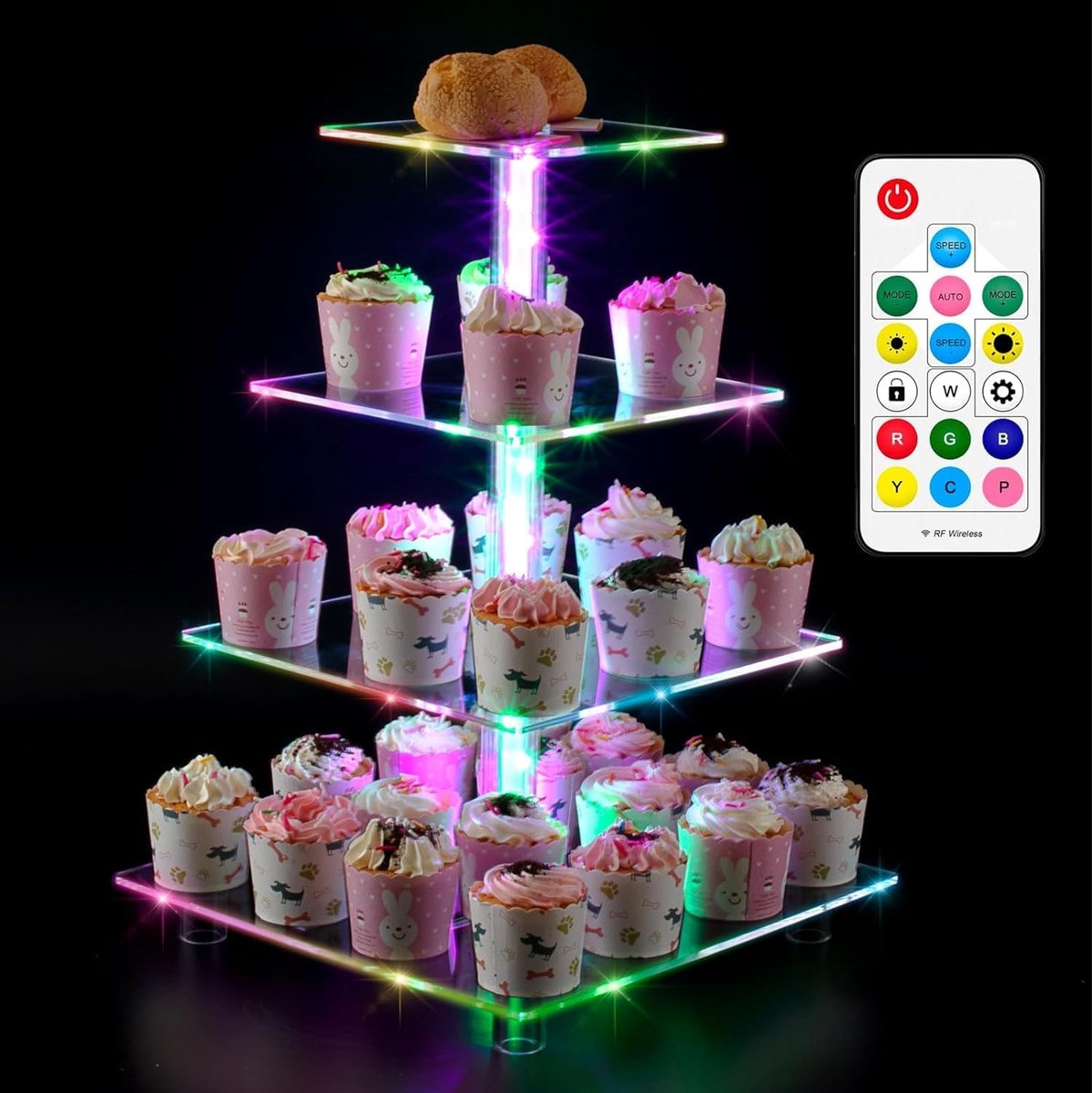 Taartstandaard Taartbord met ledlicht, oplaadbaar, met afstandsbediening, 358 automatische kleurmodi, torendisplay voor cupcake, van acryl met 4 standen, USB-C batterij met 2600 mAh