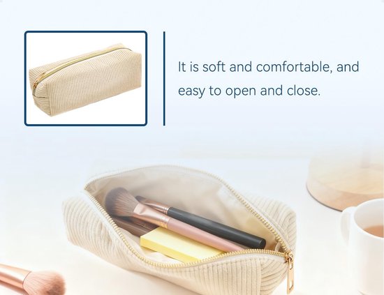 Elegant en draagbaar etui van geribbeld fluweel met ritssluiting, ideaal voor cosmetica, gadget, dagelijks gebruik, reizen, werk (beige) — afbeelding 4