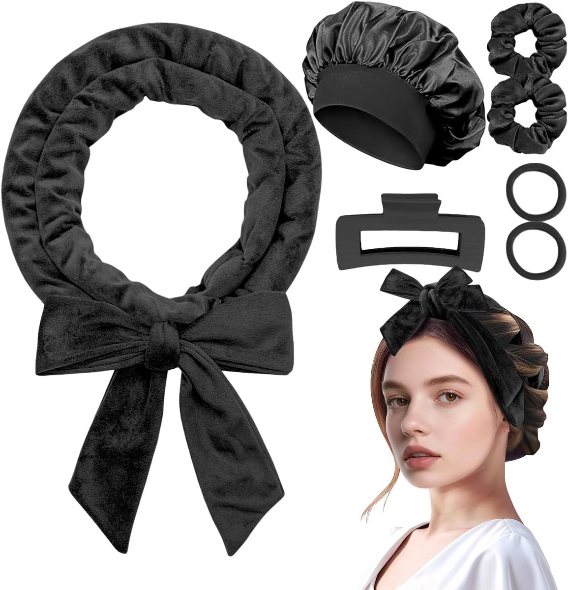 Curling Rods Set voor Lang Haar, Dream Wave Blowout Rods met Haarelastiekjes, Clips, Slaapmuts & Haarrollers, Krullen Zonder Hitte, Zwart