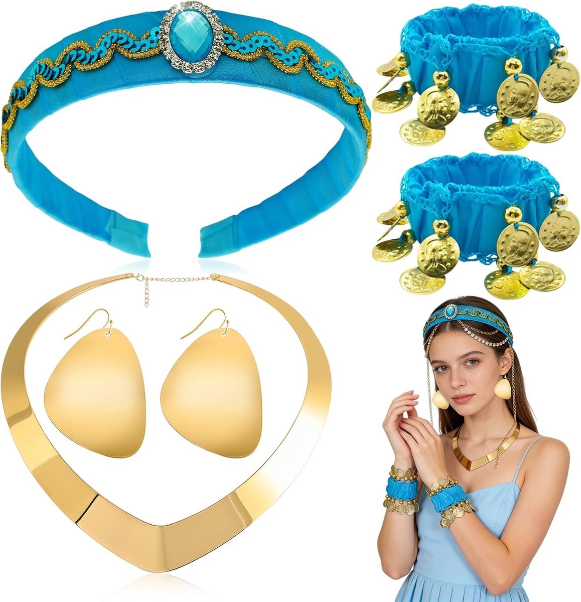 Prinsessenkostuum voor dames en meisjes, prinsessenhoofdband, oorbellen, ketting, armbandkostuum, meisjeshoofdbanden met groot kristal, sieradenset voor Halloween, verkleedkostuum en carnavalskostuum