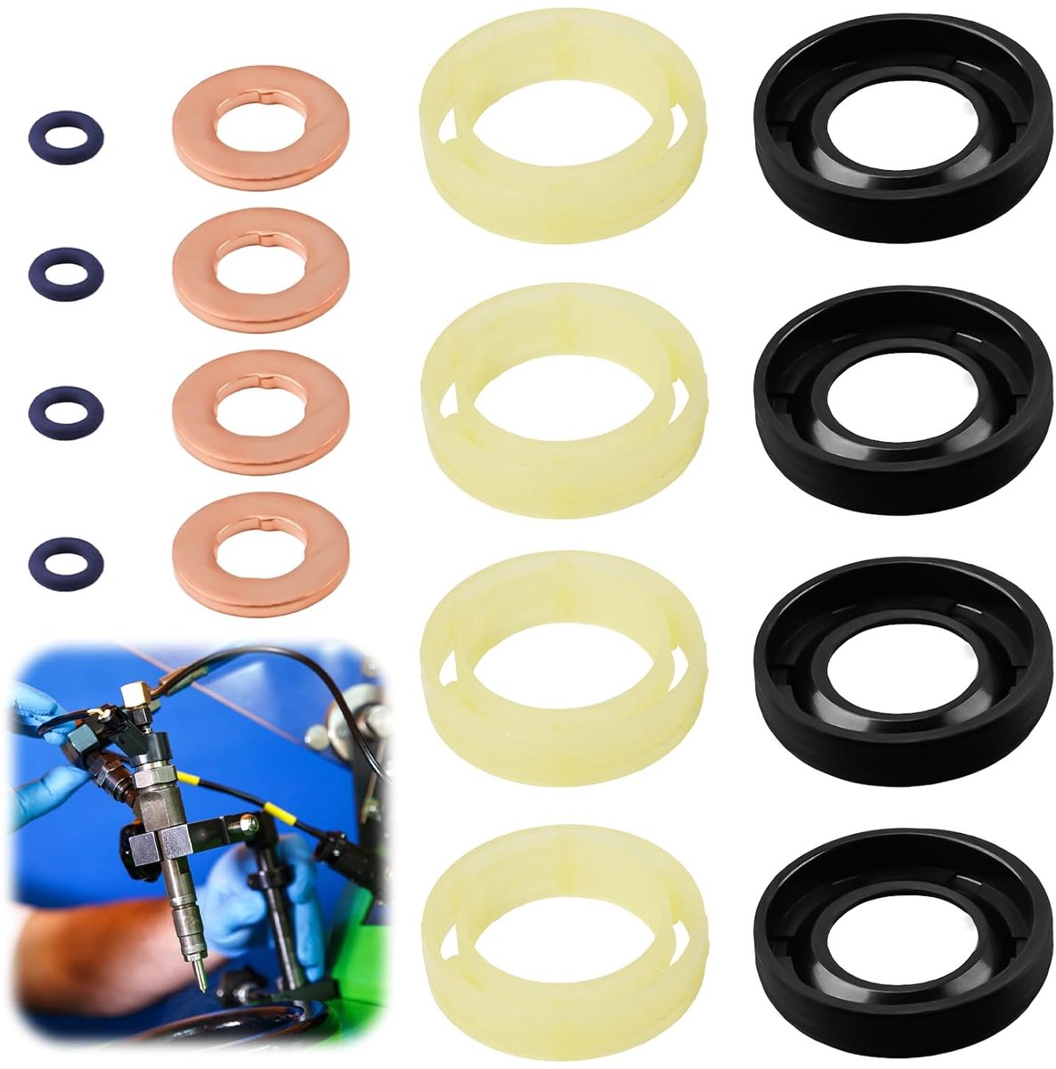 16-delige injectorafdichtingsset, 1,6 HDI, onderringen voor dieselinjectoren, vervanging voor Citroën, Peugeot, accessoires, universele reparatieset injectoren (1314368, 1982A0), zwart