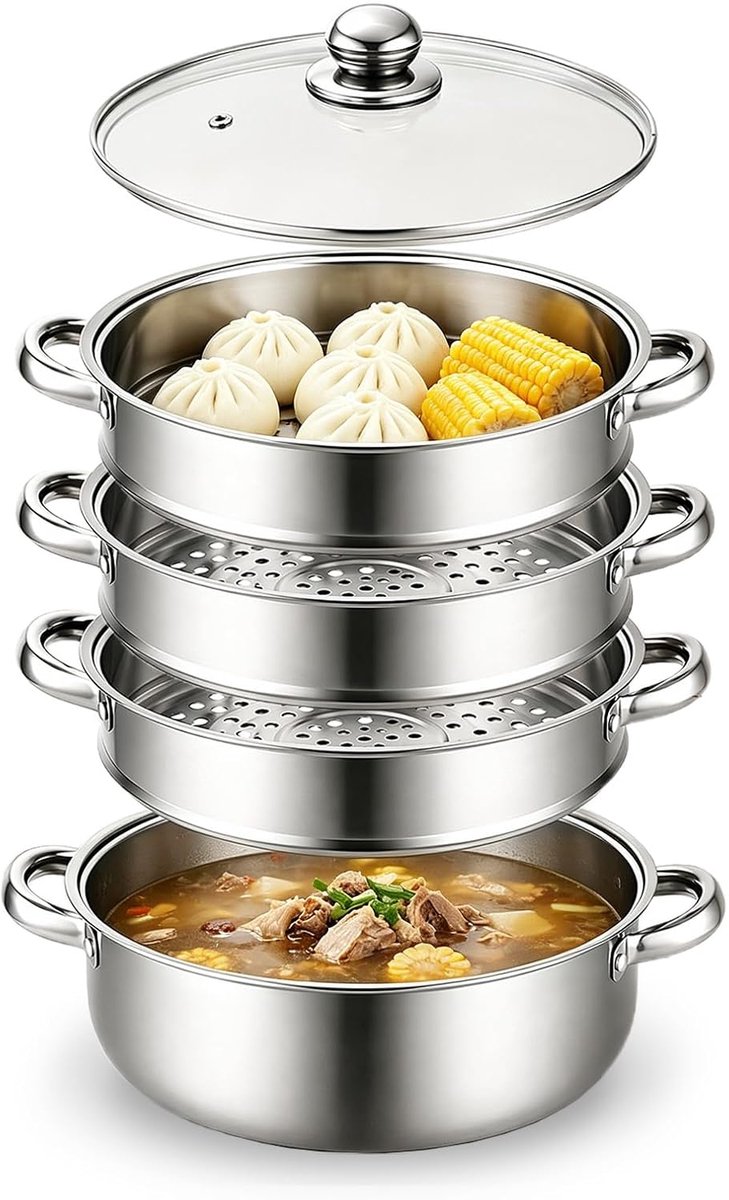 Stoompan van 28 cm met stoominzetstuk, 3/4-plankkoker met deksel, roestvrijstalen pan, pastapan met zeef voor het koken van groenten, zeevruchten, soepen, stoofschotels en pasta (vier)