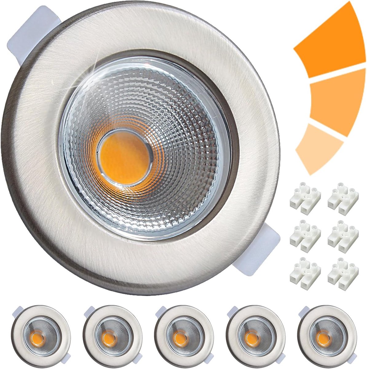 Set van 6 led-inbouwspots, 230 V, 7 W, dimbaar, set led-spots, rond, geborsteld roestvrij staal, plafondspots, 65-85 mm, gatmaat, 3000 K, warmwit, inbouwverlichting, 600 lumen, voor