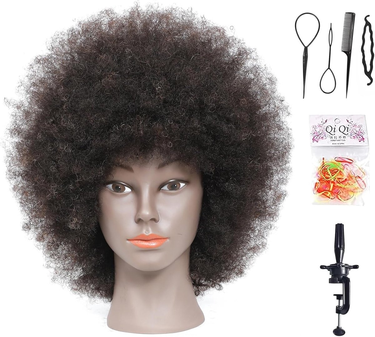 Afro-mannequin-hoofd van 100% echt haar, kapperstrainingshoofd voor cosmetica, poppenhoofd (tafelklem meegeleverd) (natuurlijke kleur)