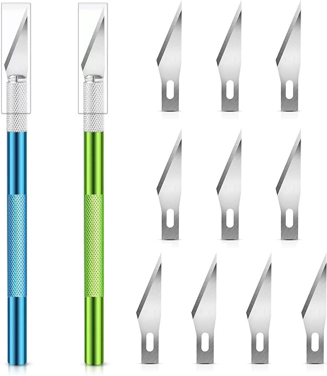 Knutselmessen, scalpel met 10 reservemesjes met roestbescherming (blauw, groen)