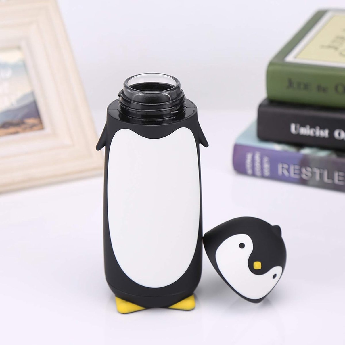 Pinguïn Glazen Waterfles 300 Ml, Schattig Ontwerp, Dubbele Laag, Lekvrije Afdichting, Hittebestendig (Zwart)