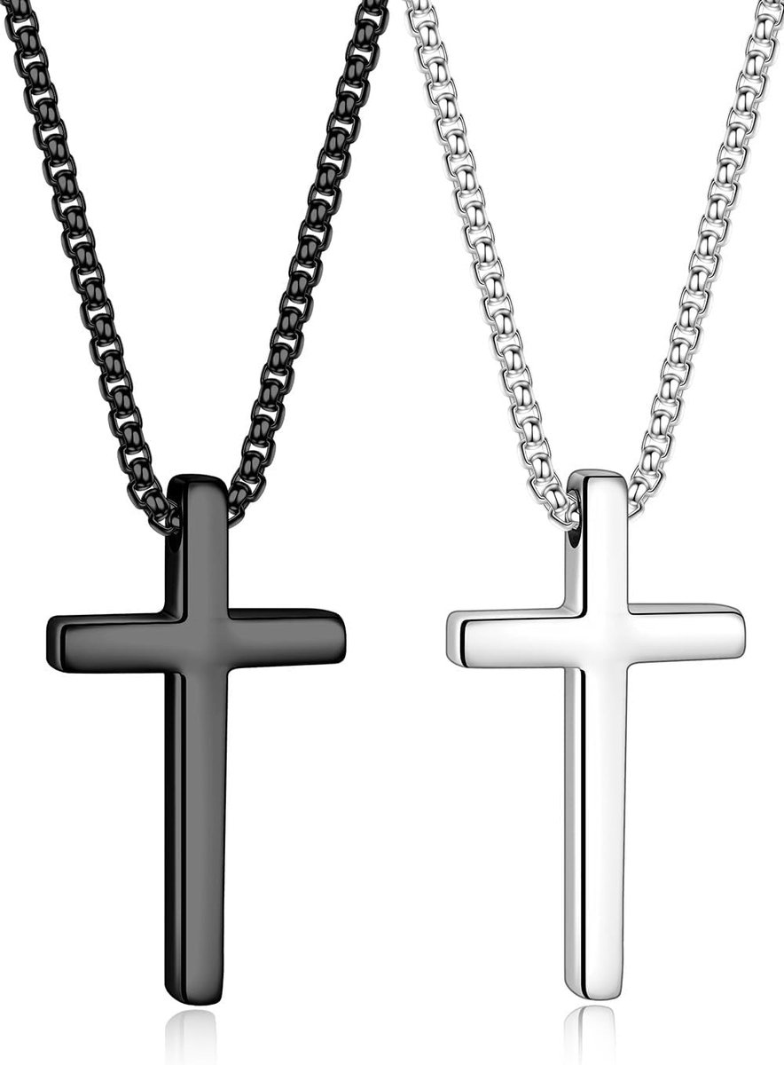 Halsketting voor heren, set van 2 voor mannen en jongens, roestvrij staal, kruishanger, ketting, halskettingen, voor mannen, mannen, ketting, zilver, zwart, kruis, halsketting, sieraden,