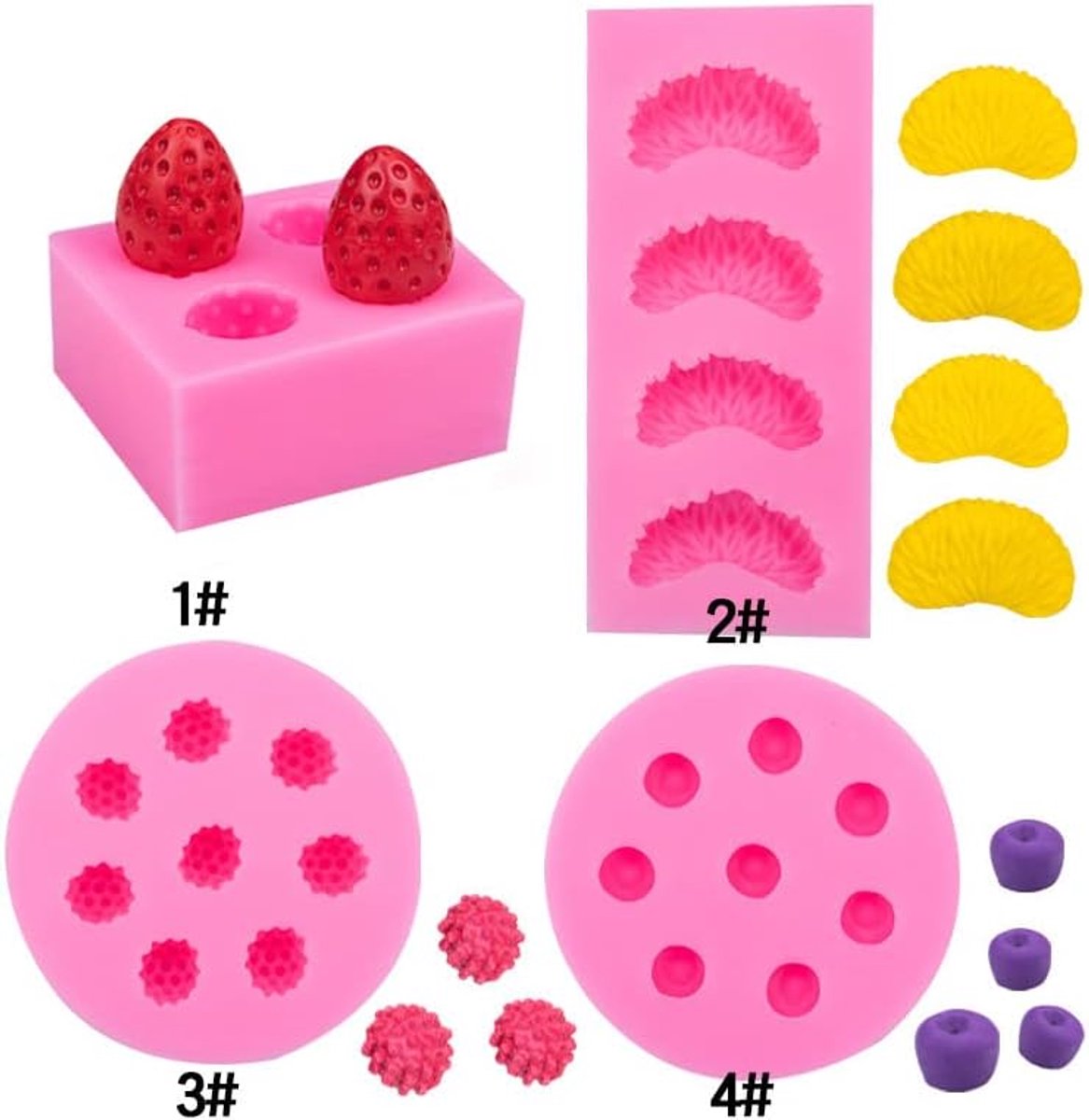 4 stuks fruitvormige geleivormen, 3D-aardbeien, sinaasappel, framboos en bosbessen, fondant, siliconen vormen, epoxyhars, zeepvormen, wasvormen, snoepvorm