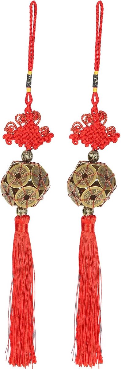 Geluksmunten Feng Shui met Kwast, 2 Stuks, Chinese Knoop voor Rijkdom en Succes