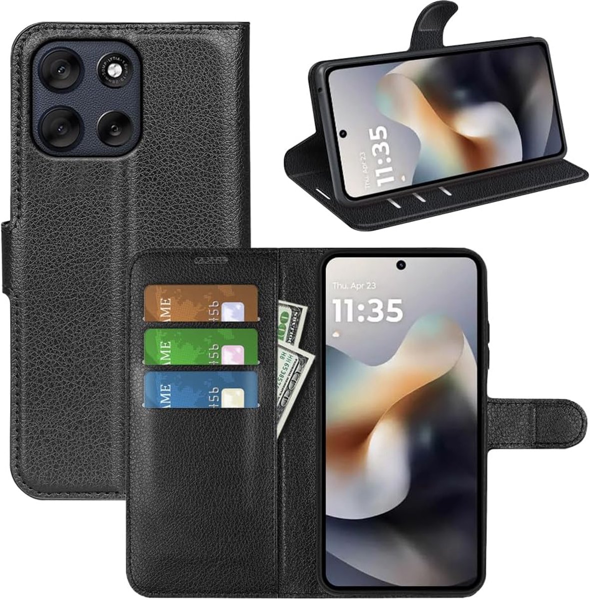Hoesje voor Motorola Moto G56, Premium Lederen Portemonnee Flip Folio Hoesje met Siliconen Bumper [Kickstand] [Kaarthouder] [Magnetische Gesp] Bookcase Skin, Zwart