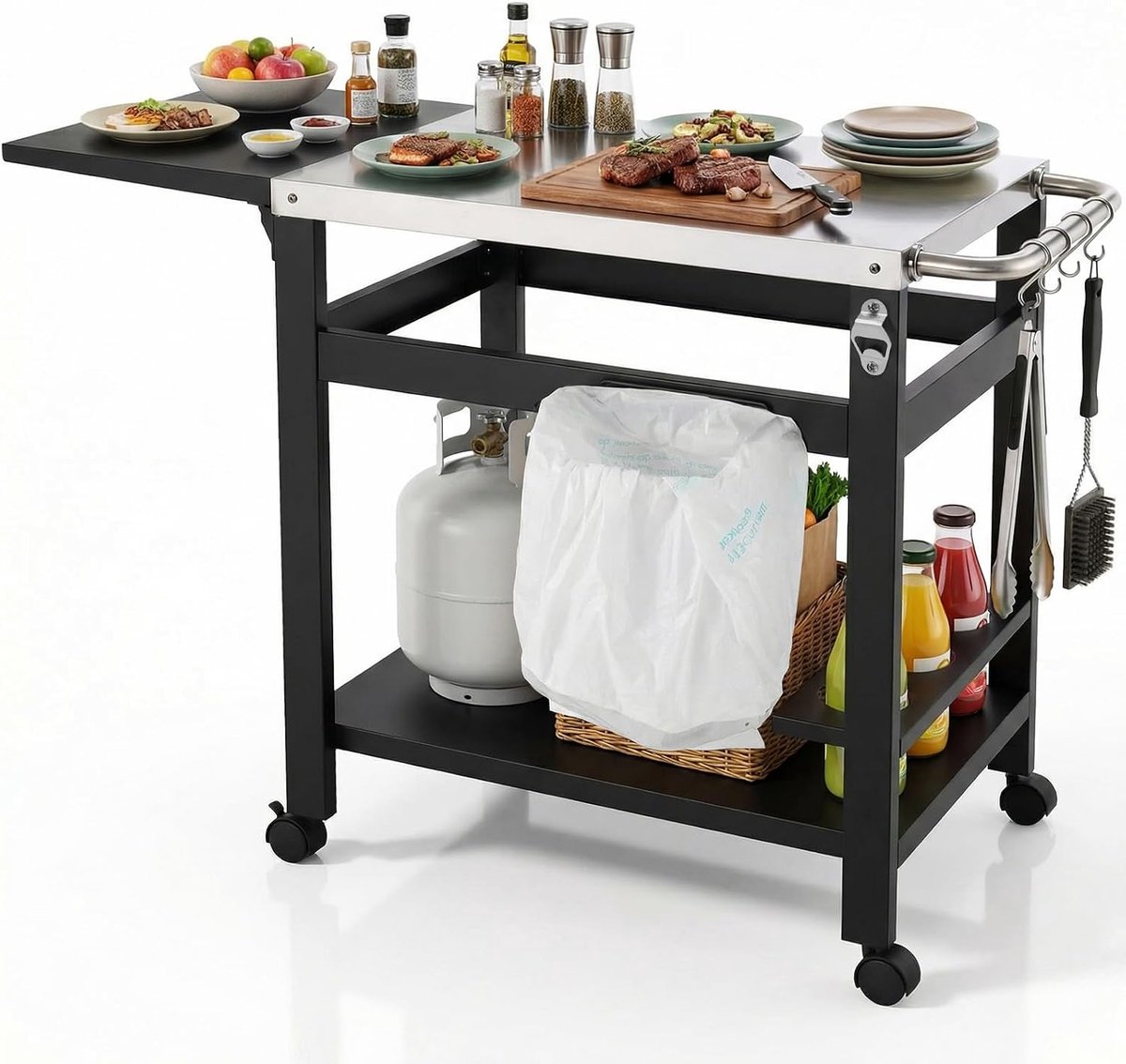 Grillwagen met inklapbare bijzettafel, robuuste grilltafel met roestvrijstalen tafelblad, 2 niveaus serveerwagen met 4 wielen en wijnrek, outdoor keukenwagen voor tuin, barbecue, terras, 116 x