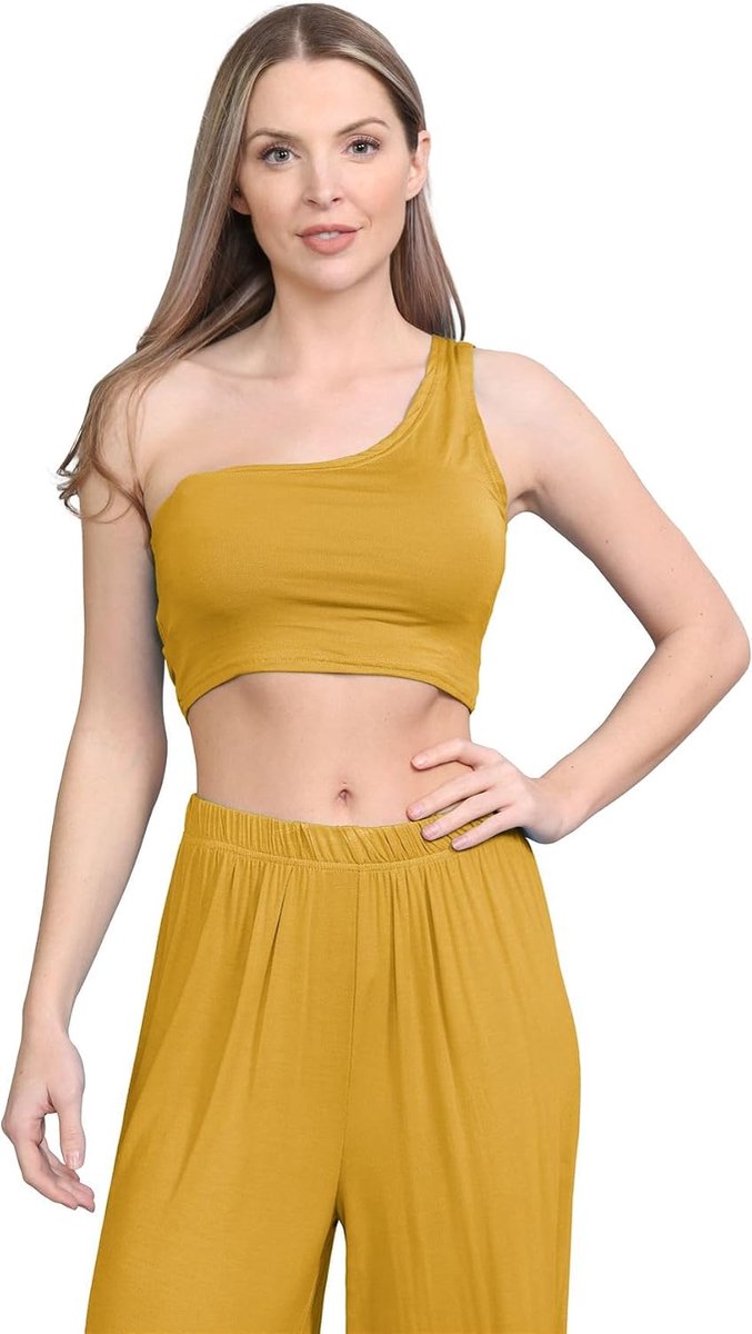 Effen, schoudervrij, rekbaar, crop, top, sport, beha, vest, bovenstuk, Kameel, 40/42 NL