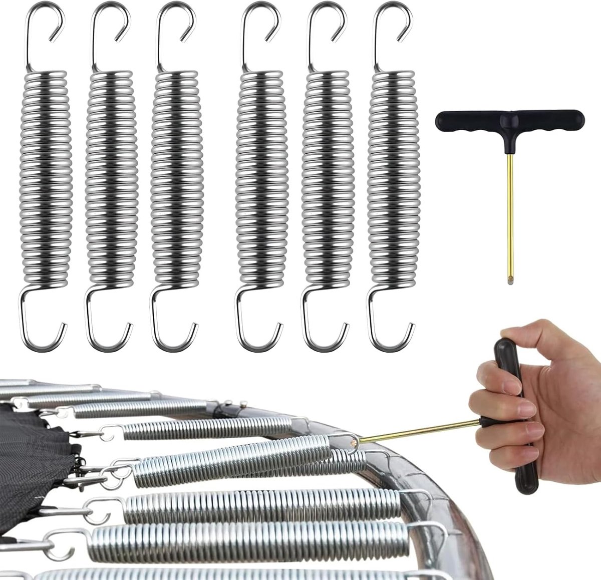 Spring, Trampoline Veren, Vervangende Accessoires, Veervervangingsveer, Metaal Compression Springs voor Outdoor Sports, 6 Stuk Fitness Springs+1 Stuk Gereedschapshaak