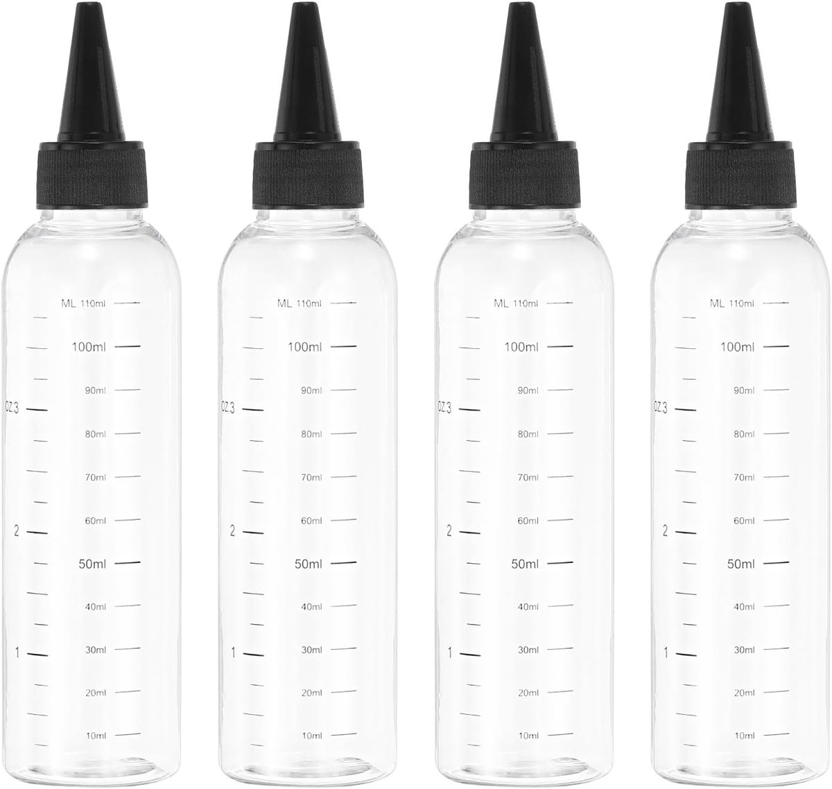 110 ml/4 oz kunststof knijpflessen met zwart deksel, 4 stuks gegradueerde ronde doseerfles, lege punt, fles voor vloeistoffen, knutselwerk