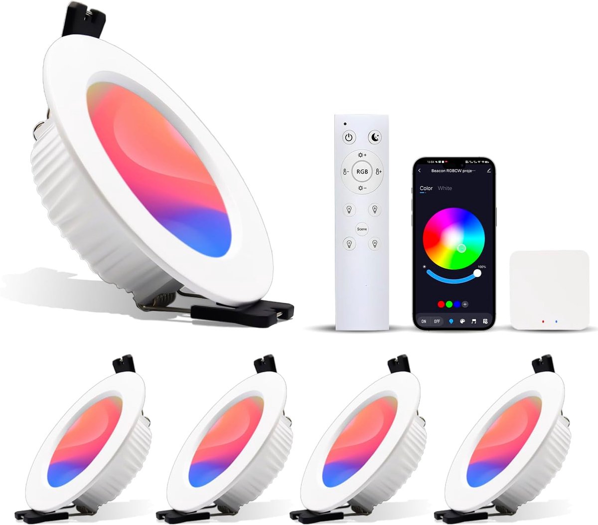 Inbouwspot RGB en Warm Wit 7W Alexa, WIFI APP Bluetooth-bediening, dimbaar kleurwisselend, 2700K-6000K, aluminium, slimme plafondlamp met intelligente gateway en afstandsbediening, 4 Stuks