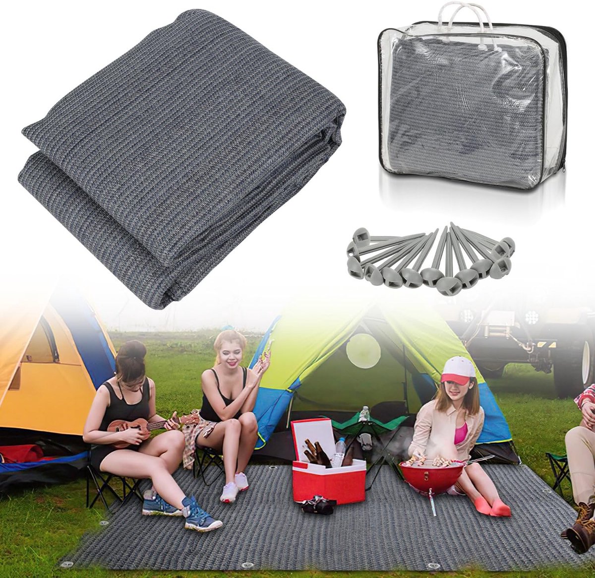 250 x 300 cm voortenttapijt, luifeltapijt, campingtapijt, outdoor campingmat met 12 gaten, 13 haringen en draagtas, ademend, antislip, caravantapijt, grijs-blauw