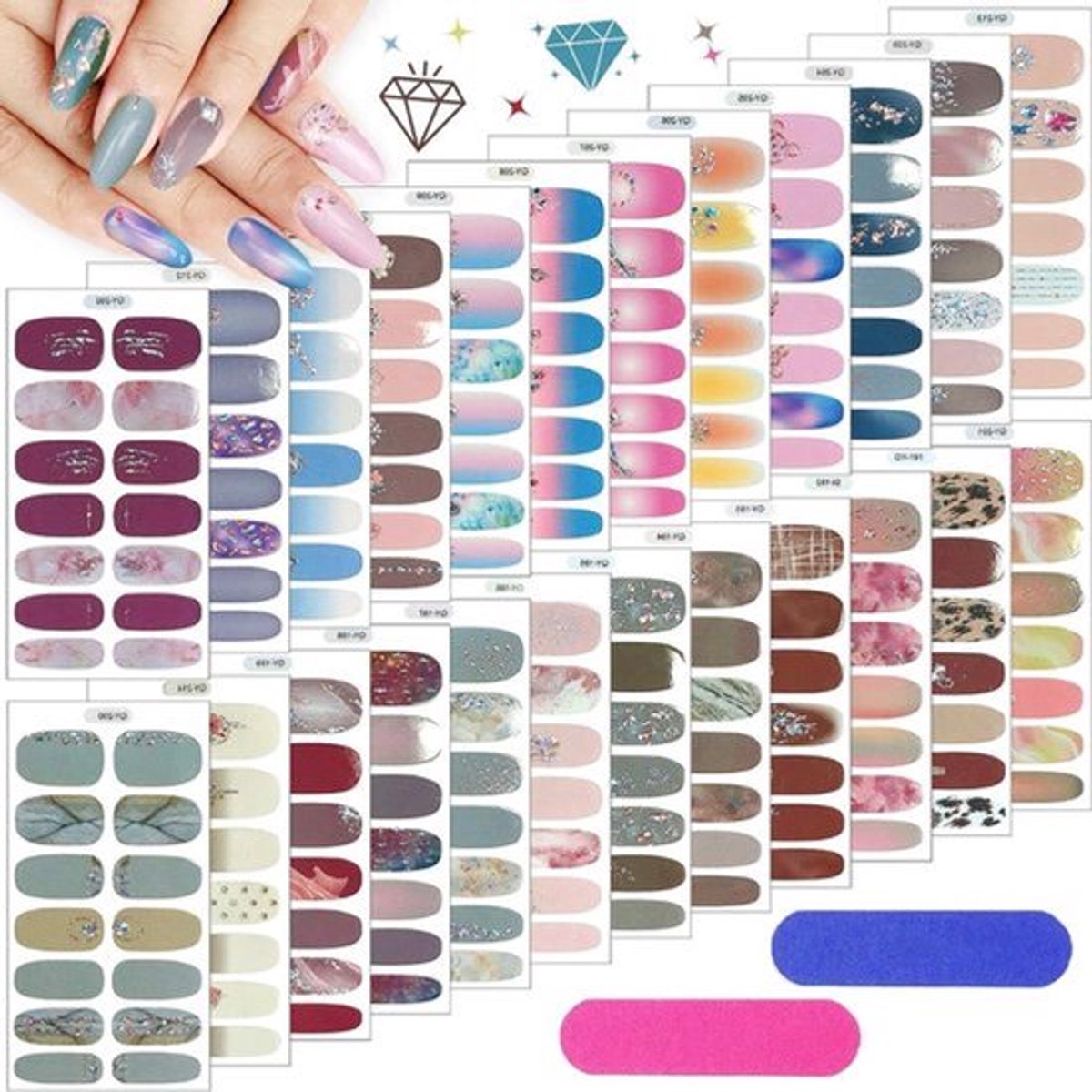 24 Sheets Full Wraps Nagellakstickers - Glitter Diamond Nail Wraps - Zelfklevende Nagelkunststickers - Strips voor Dames Meisjes - Nagelkunstontwerpen - met 2 STUKS Nagelvijl .