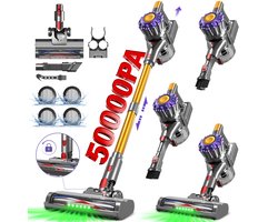 Fukstern Steelstofzuiger Draadloos – 50 kPa Sterke Zuigkracht – Tot 60 Min Accuduur – Anti-haarwikkel Vloerborstel – Inclusief 4 HEPA-filters – 1,6L Stofreservoir – Groene LED Stofdetectieverlichting – Goud