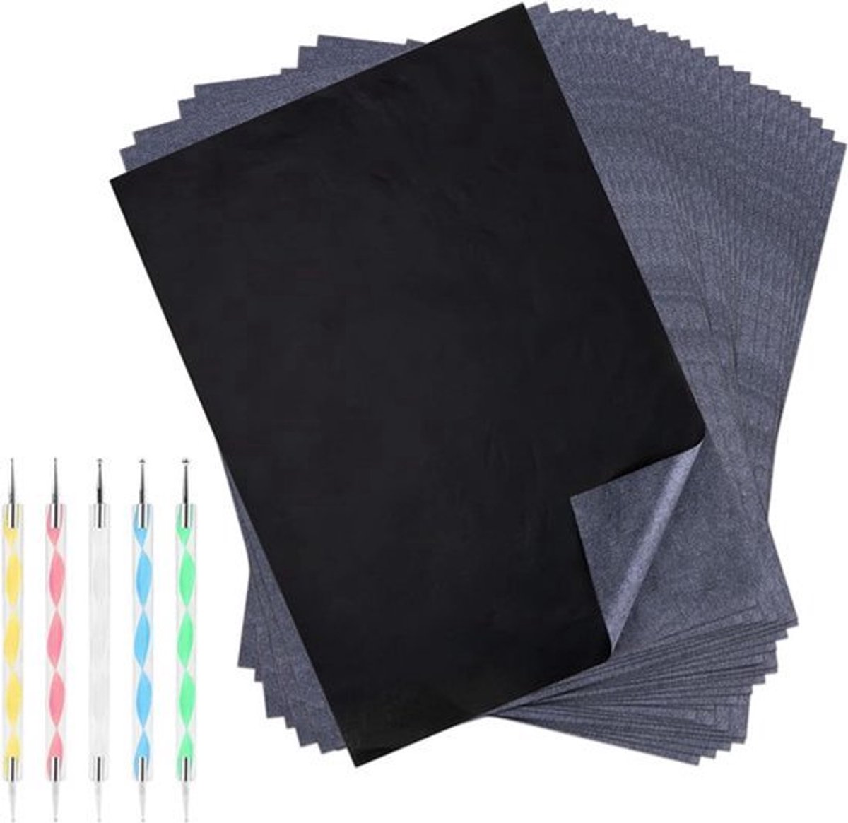 100 vellen A4 afdrukpapier carbonpapier doorslagpapier transferpapier grafiet doorschrijfpapier zwart voor papier tattoo hout met 5 stuks reliëfstiften