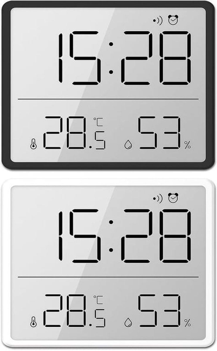 2 Stuks Digitale Alarmklok met LCD-display, Temperatuur Vochtigheid, Thermometer, Digitale Hygrometer, 12/24 Uur ℃/°F, Digitale Thermo-Hygrometer, Hangend en Staand voor Thuis, Studenten en