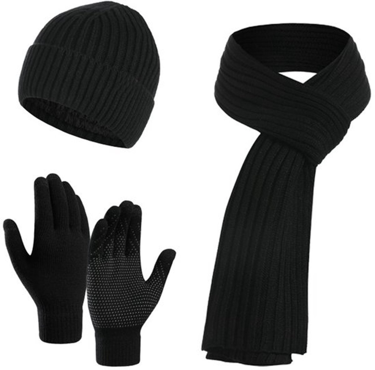 Hoed Colsjaal Handschoenen Set - Set van 3 delig - Winterset - Mutsen - Sjaal - Touchscreen-handschoenen - Winterset voor heren - Winterset voor Missen - Gebreid unisex mannen vrouwen dames - Voor Skiën en Outdoor - Zwart