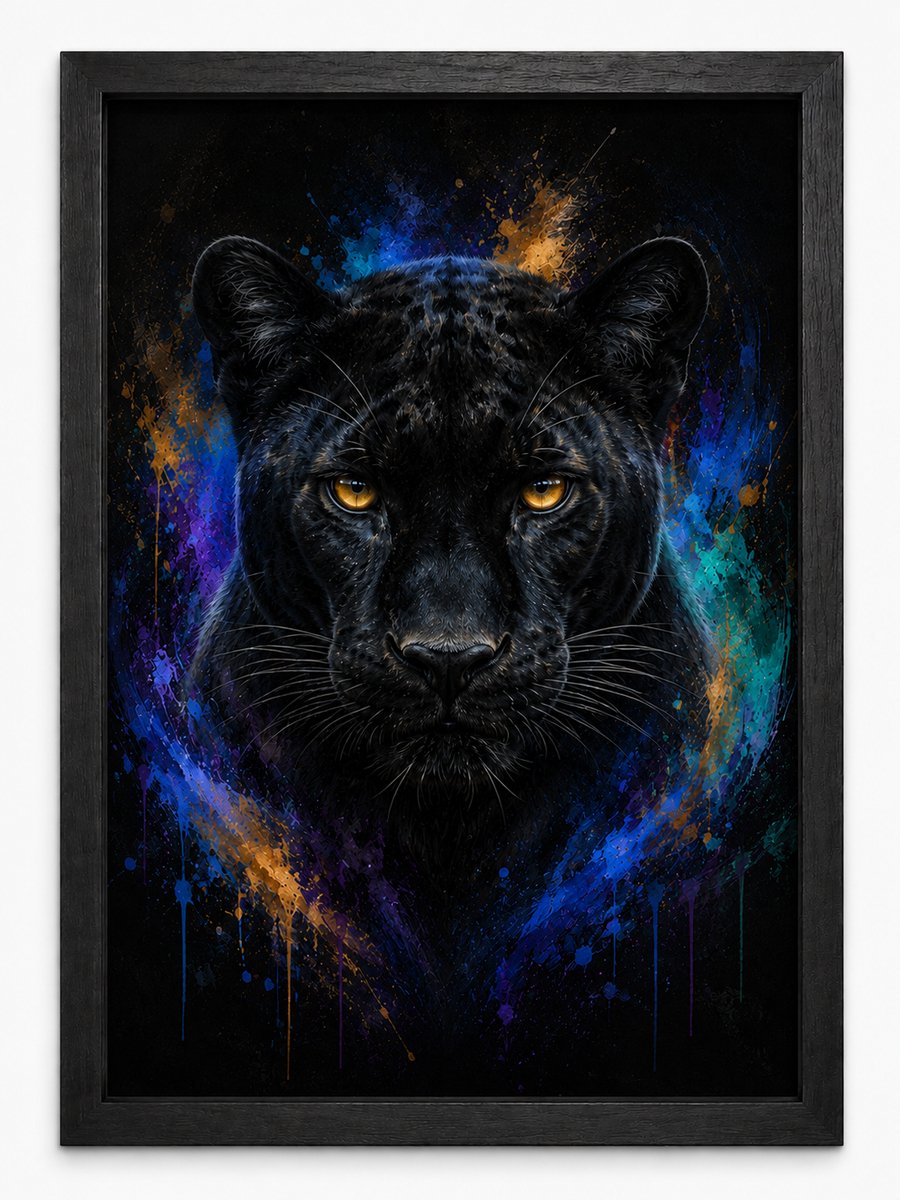 Zwarte Panter Poster | Dierenposter in Moderne Art Style | Wanddecoratie Woonkamer | Inclusief Zwarte A4 Lijst