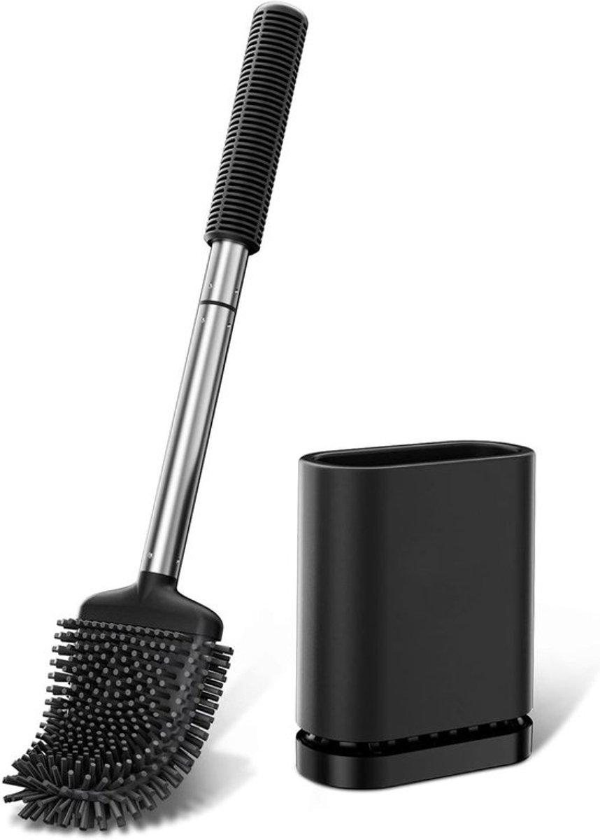 Toiletborstel siliconen-toiletborstel met houder-Flexibele kop - Roestvrijstalen handgreep - Aan de muur te bevestigen, sneldrogend schoonmaakrek voor de badkamer - Zwart - 13,4 x 6,5 x 16,3 cm
