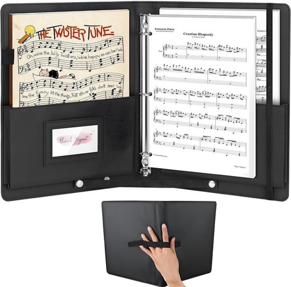 Muziekmap A4 - koormap zwart - PU-materiaal - muziekhouder met handriem - sprekermap - inhoud max. 200 vellen voor documenten - papier - kunstwerken - schilderijen - foto's - muziekopslag - documenthouder