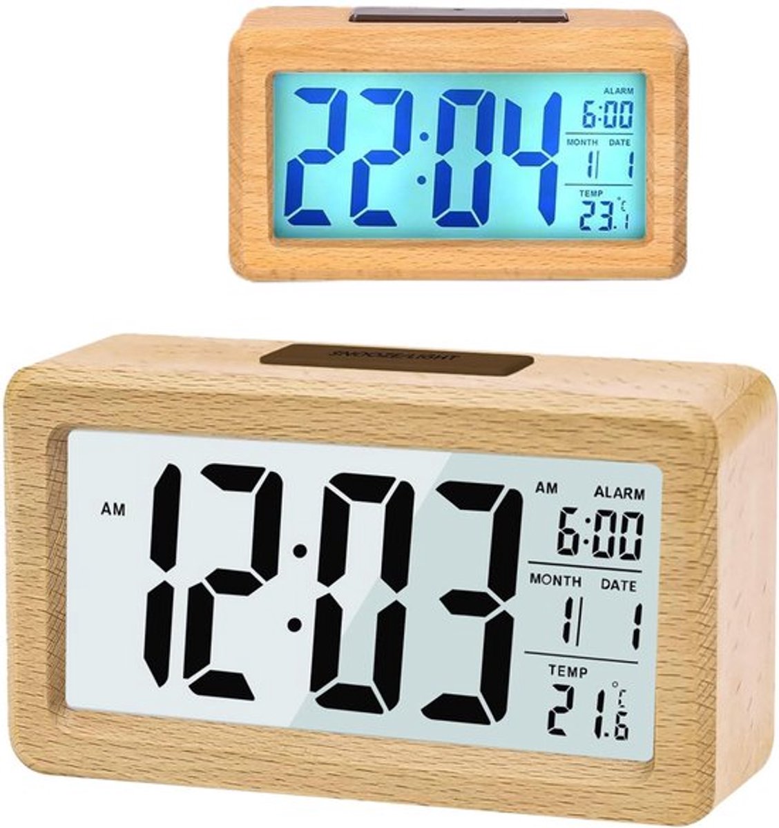 Houten wekker met sensormodules en groot display - datum - temperatuurweergave - nachtlampje - sluimerfunctie