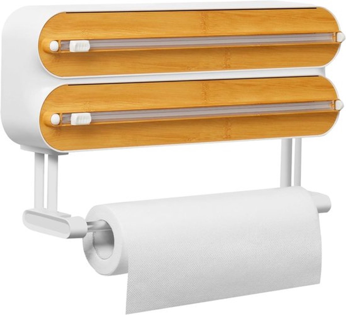 Wandrolhouder (geschikt voor 3 rollen keukenrollen), aluminiumfolie- en foliedispenser (met keukenrolhouder), magnetische keukenfoliedispenser (met snijmes), wit