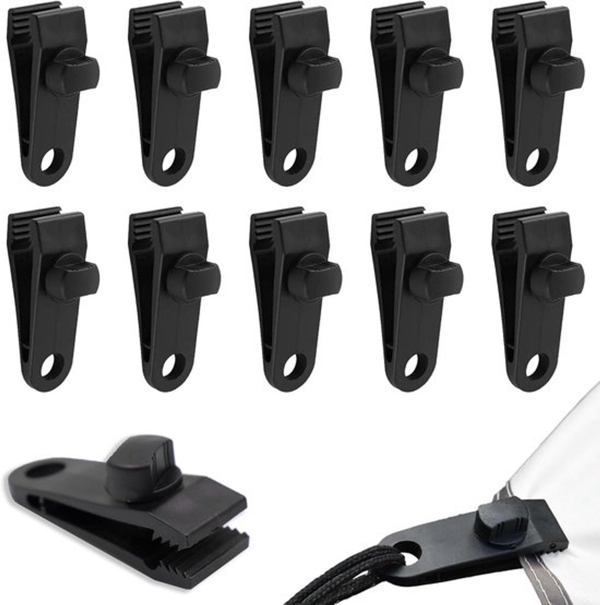 10-pack - Tentbevestigingsclips - Tarpclips / Tentbevestigingsclips Verstelbare zeilclips / Luifelklemmen - Zwart
