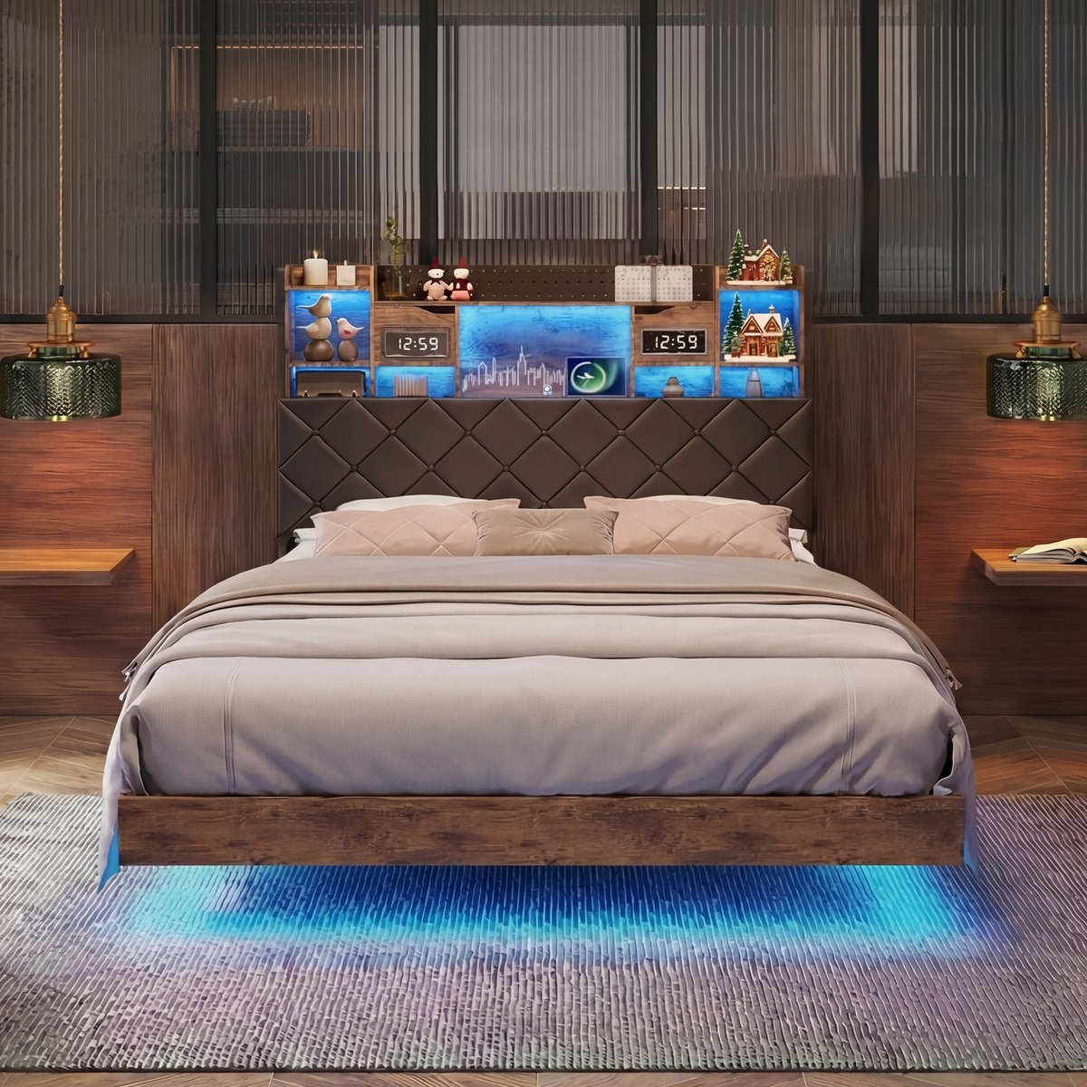 Tweepersoonsbed 160x200 cm, volwassen bed met opberghoofdbord en openklapbare opslag, gestoffeerd hoofdbord, houtlook bedframe, zwart, zonder matras