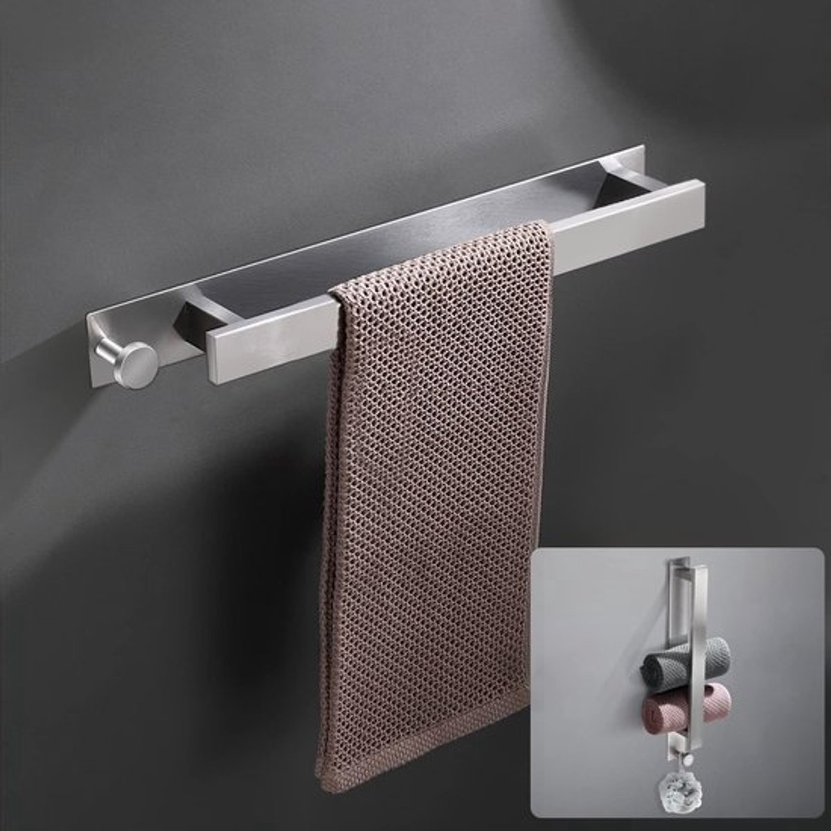 Handdoekhouder zonder boren Roestvrijstalen gastendoekhouder Zelfklevende theedoekhouder Badkamerwand badhanddoekhouder Zelfklevende 40 cm met haken voor badkamer en keuken Handdoekhouder met lijm.