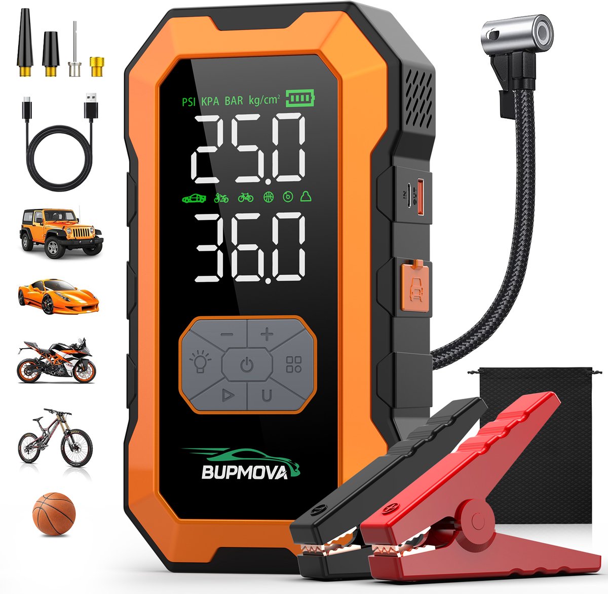 Bupmova 12V Jumpstarter voor Auto & Motor met Compressor - 9000A – 3-in-1-10 BAR – 25000 mAh Startbooster voor Auto-Startkabels met Accu – LED Zaklamp-SOS Noodlicht en Powerbank -Oranje