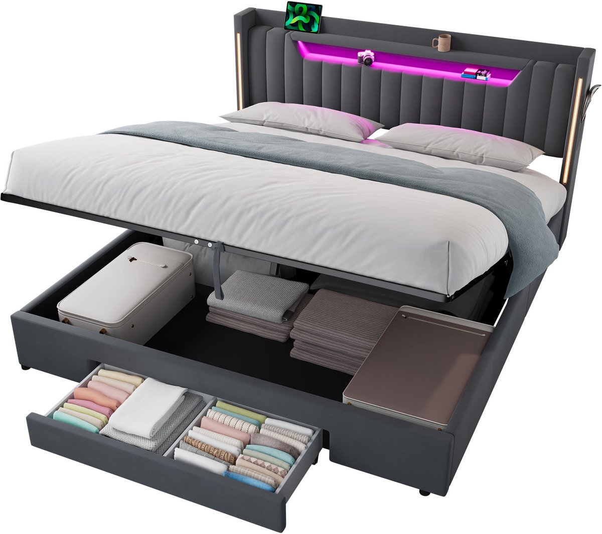 MODFU Gestoffeerd Bed 180x200 cm – 210,5x180x109 cm – Met LED, laadstation & lade – Grijs fluweel – Incl. lattenbodem