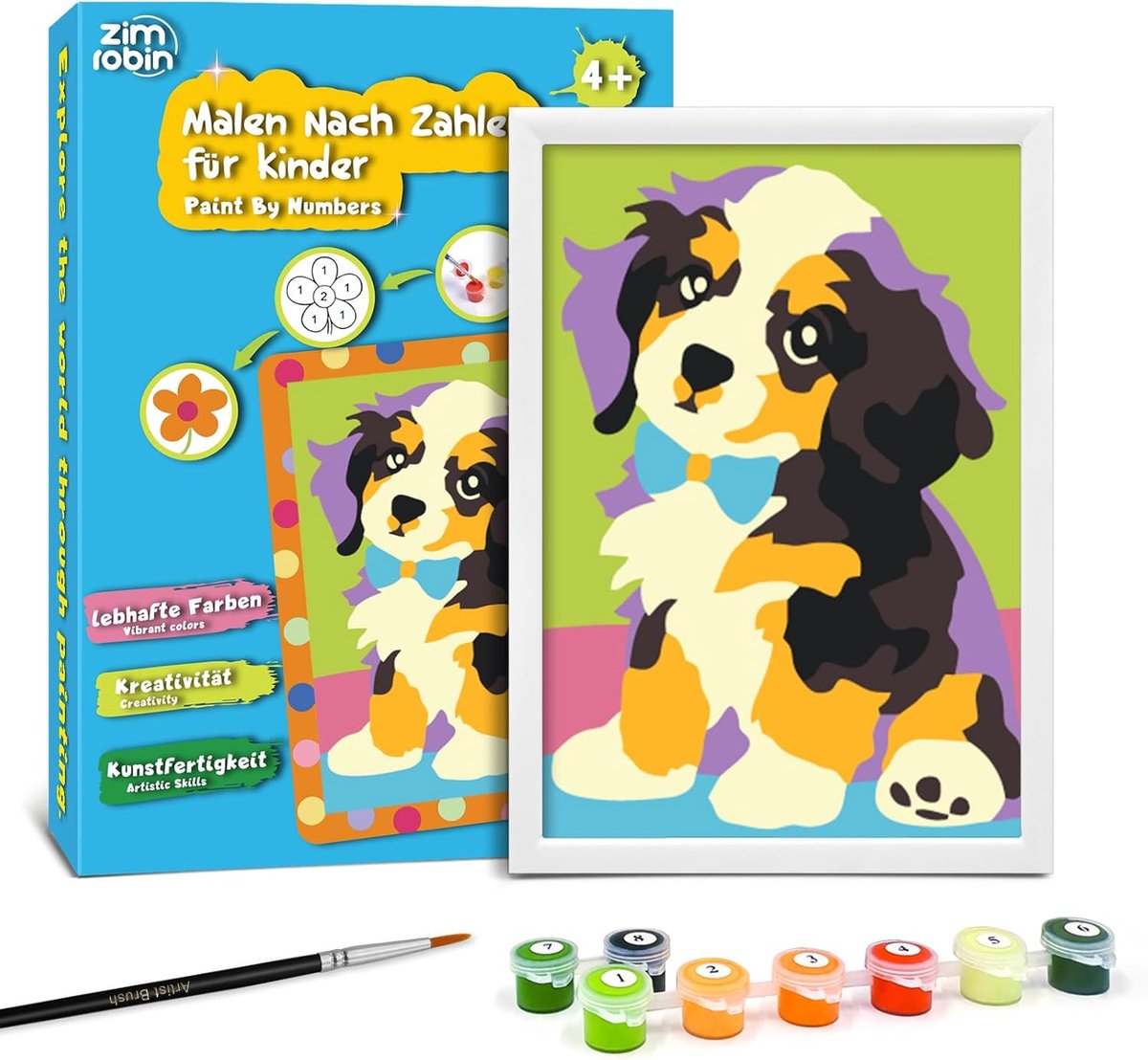 Schilderen op nummer voor kinderen 12x8 cm - Hondje met strik - Creatief cadeau met lijst - Geschikt voor 5 tot 7 jaar - ShopVlot