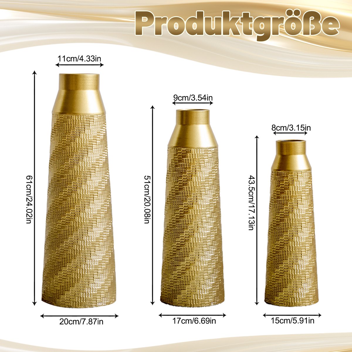 Vaas 3-Delige Set Met Getextureerde Afwerking – 61 Cm, 51 Cm, 43,5 Cm – Metaal – Goud – Voor Woonkamer En Hal – Niet Waterdicht
