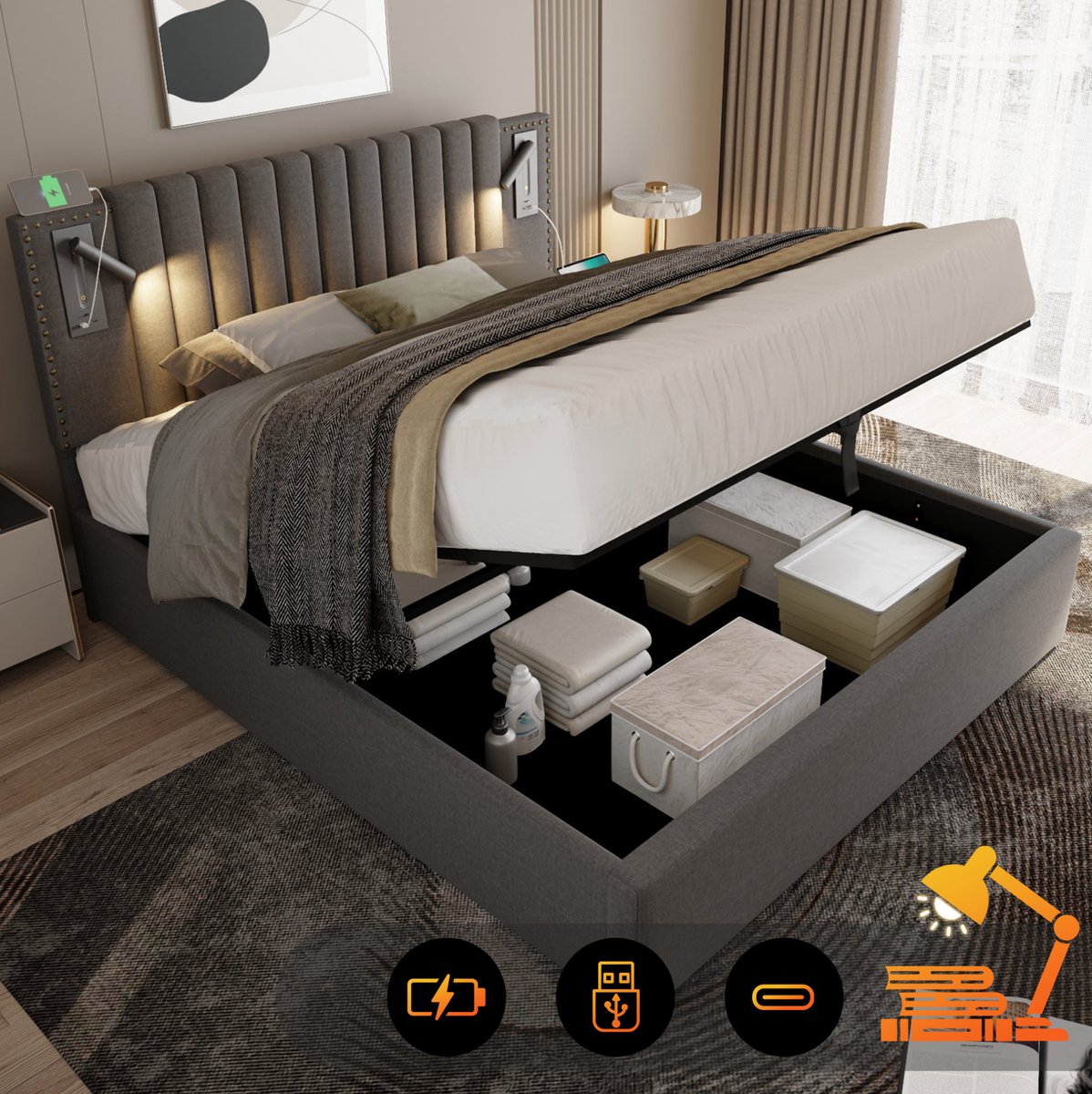 REDOM - Bed - Opbergruimte - Verstelbaar hoofdeinde met leeslamp en USB Type-C - Lattenbodem - Tweepersoons - Stof en metaal - Grijs - 187 x 203 cm