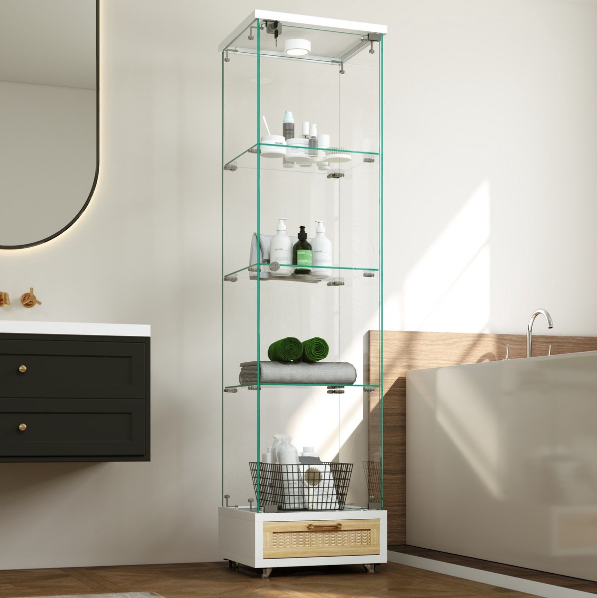 REDOM - Vitrinekast - Gehard glas met LED-verlichting - 1 deur en 4 planken - Lade en afsluitbare opbergruimte - MDF - Wit - 42,5 x 36,3 x 167,5 cm