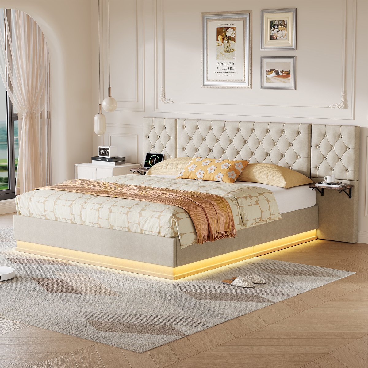 Opbergbed 140x200 cm - Gestoffeerd tweepersoonsbed met hydraulische bedbodem, breed hoofdbord en zijvakken, linnen stof, beige, zonder matras
