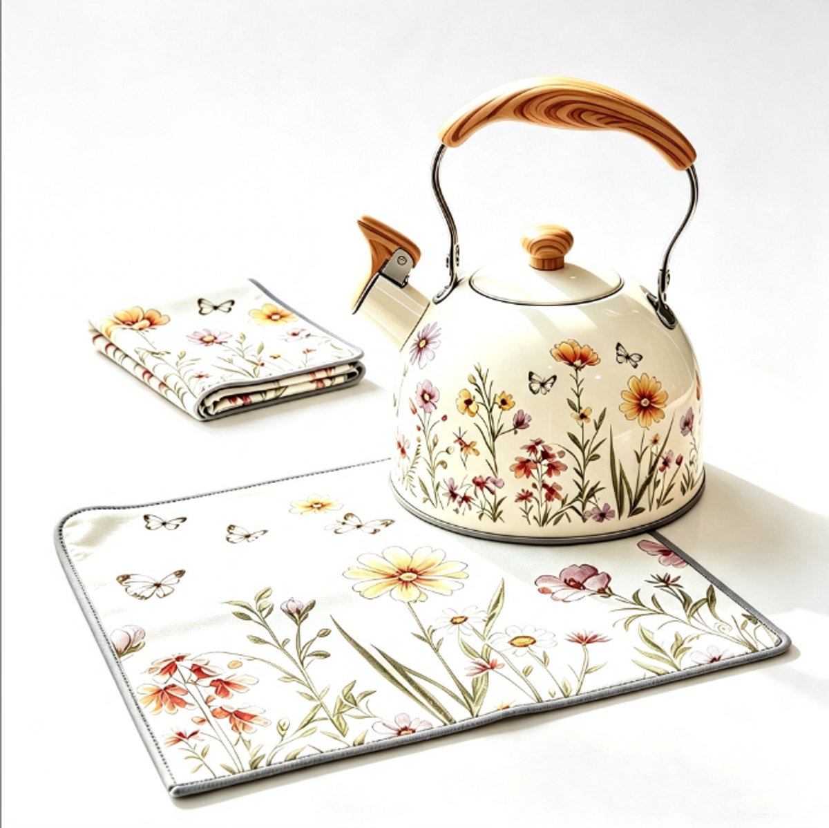 Waterkoker - Waterkoker retro - Roestvrijstalen Fluitketel 3L met Bloemenprint - Ergonomische Handgreep - Geschikt voor Alle Kookplaten incl. Inductie - 22.5 x 19.8 cm