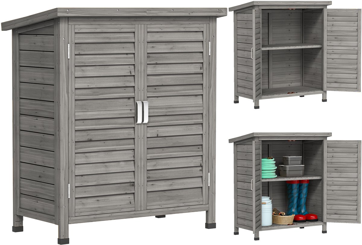 Tuinkast – 87 cm lang × 46,5 cm breed × 96,5 cm hoog – met planken met lamellen – grijs