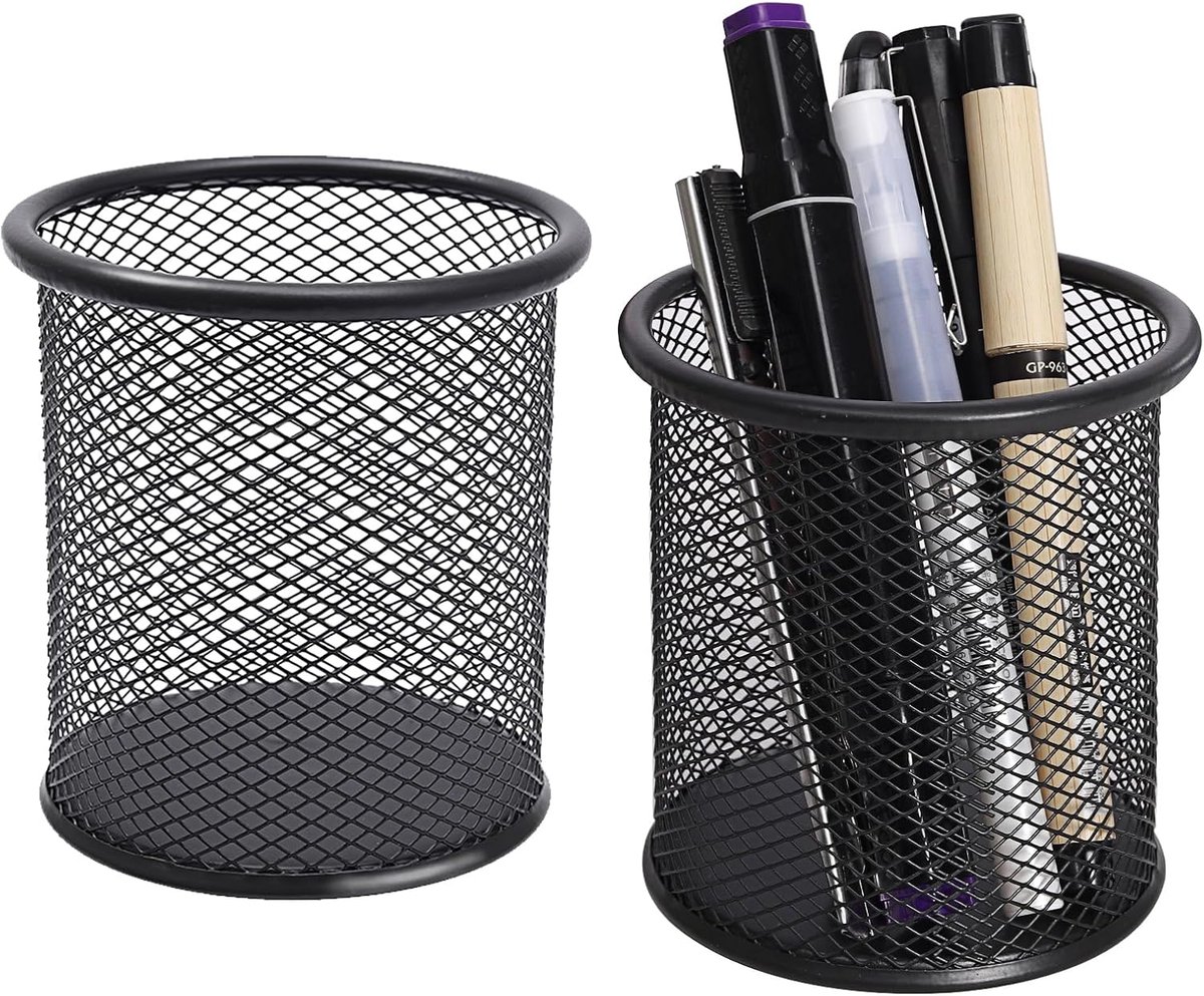 Penhouder 2 Stuks - Ronde Desk Organizer - Zwart Metaal voor Kantoor en School - SnelShoppen