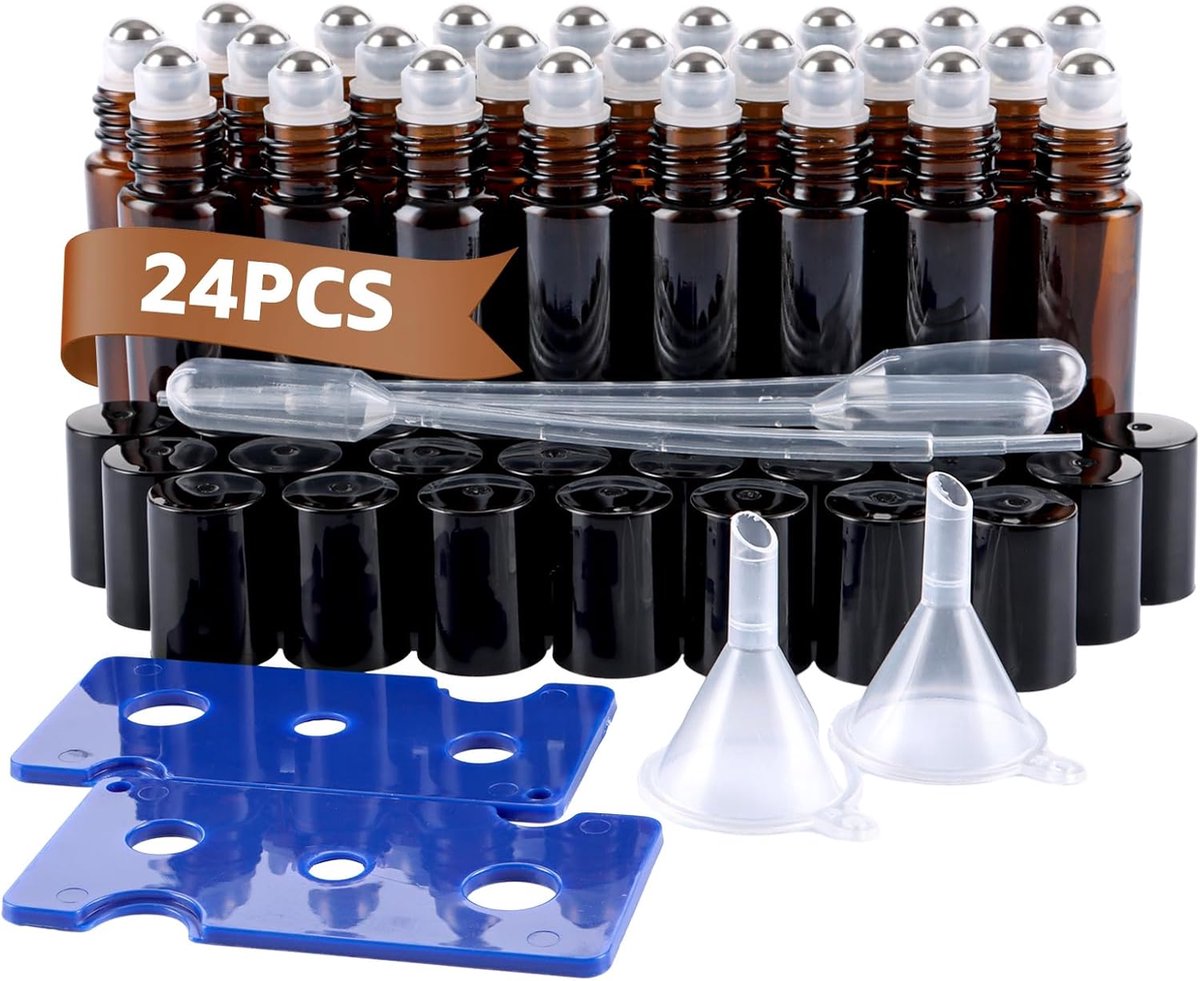 SnelShoppen - 24pcs Essentiële Olie Roll-On Flesjes 10ml, Bruine Glazen Flesjes met Rollerkop, UV-Bestendig, Inclusief Trechter, Opener en Pipetten
