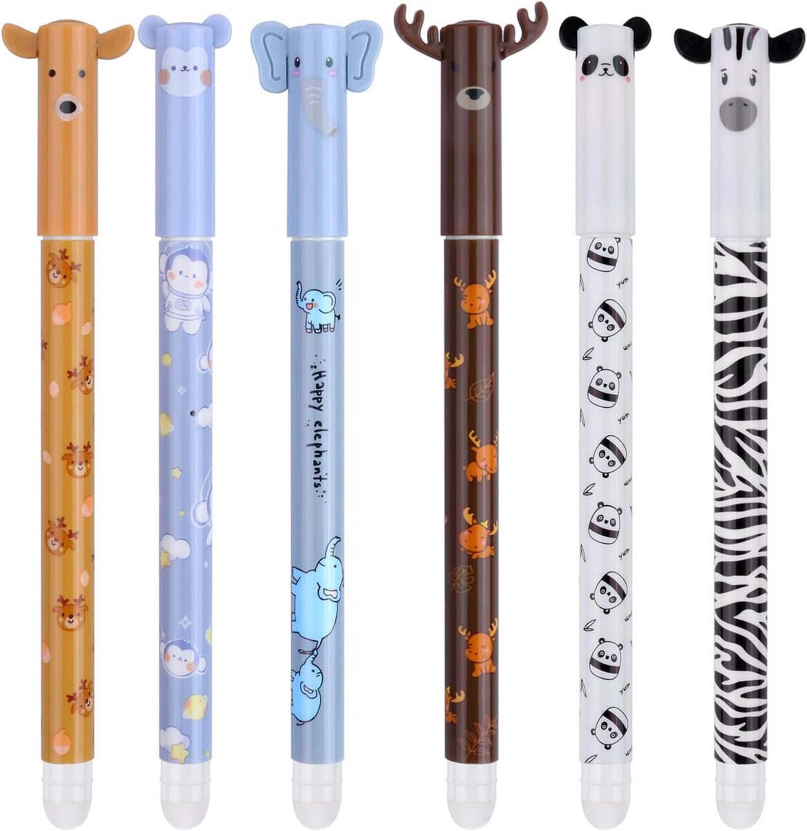 Thijox - Set van 6 uitwisbare gelpennen - Blauw met Schattige Diermotieven - Ideaal voor School en Kantoor - Inclusief Uitwisbare Gum