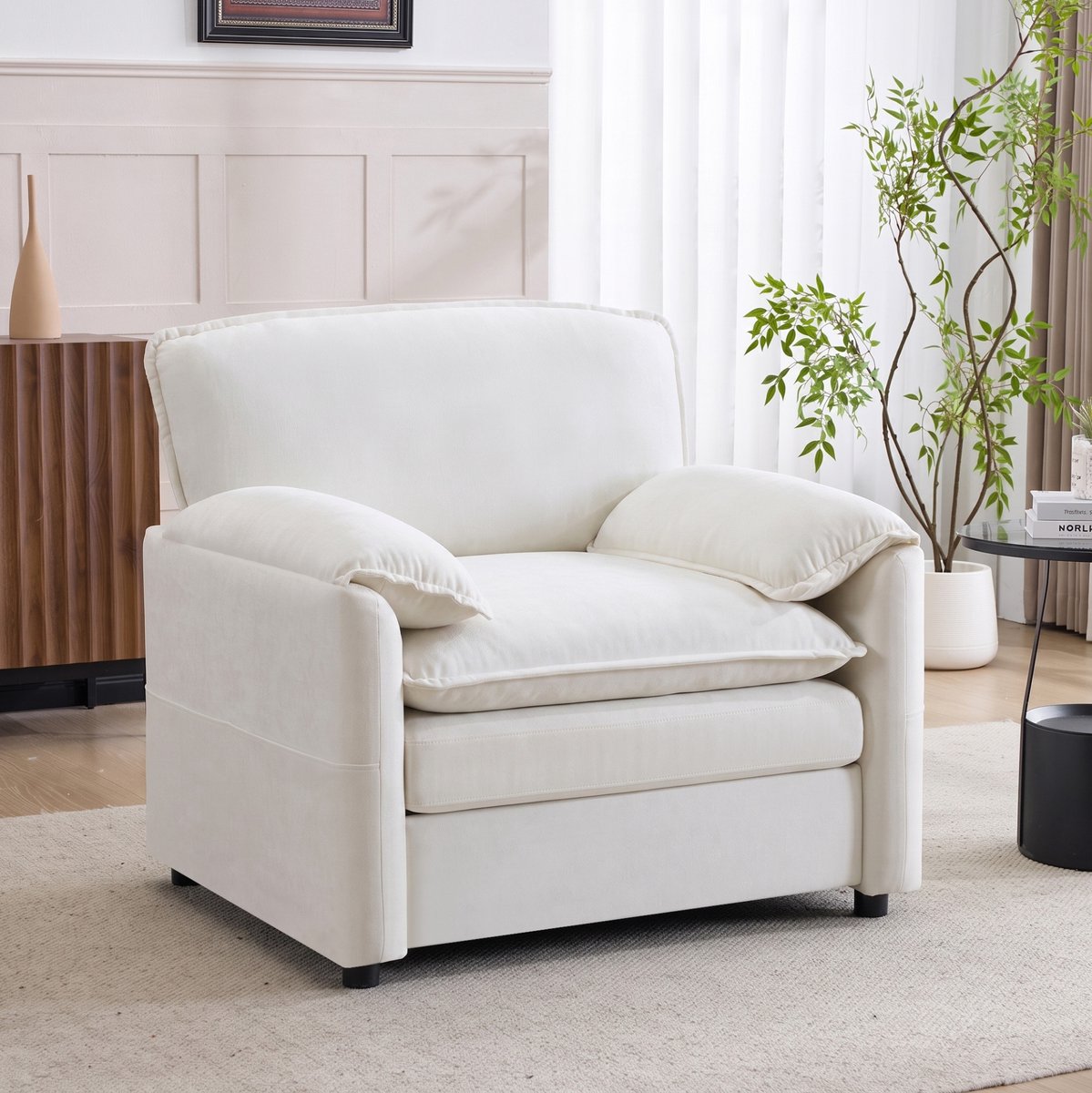 COVREO 1-zitsbank 96x90x92 cm wit, chenille met opbergtas en houten frame