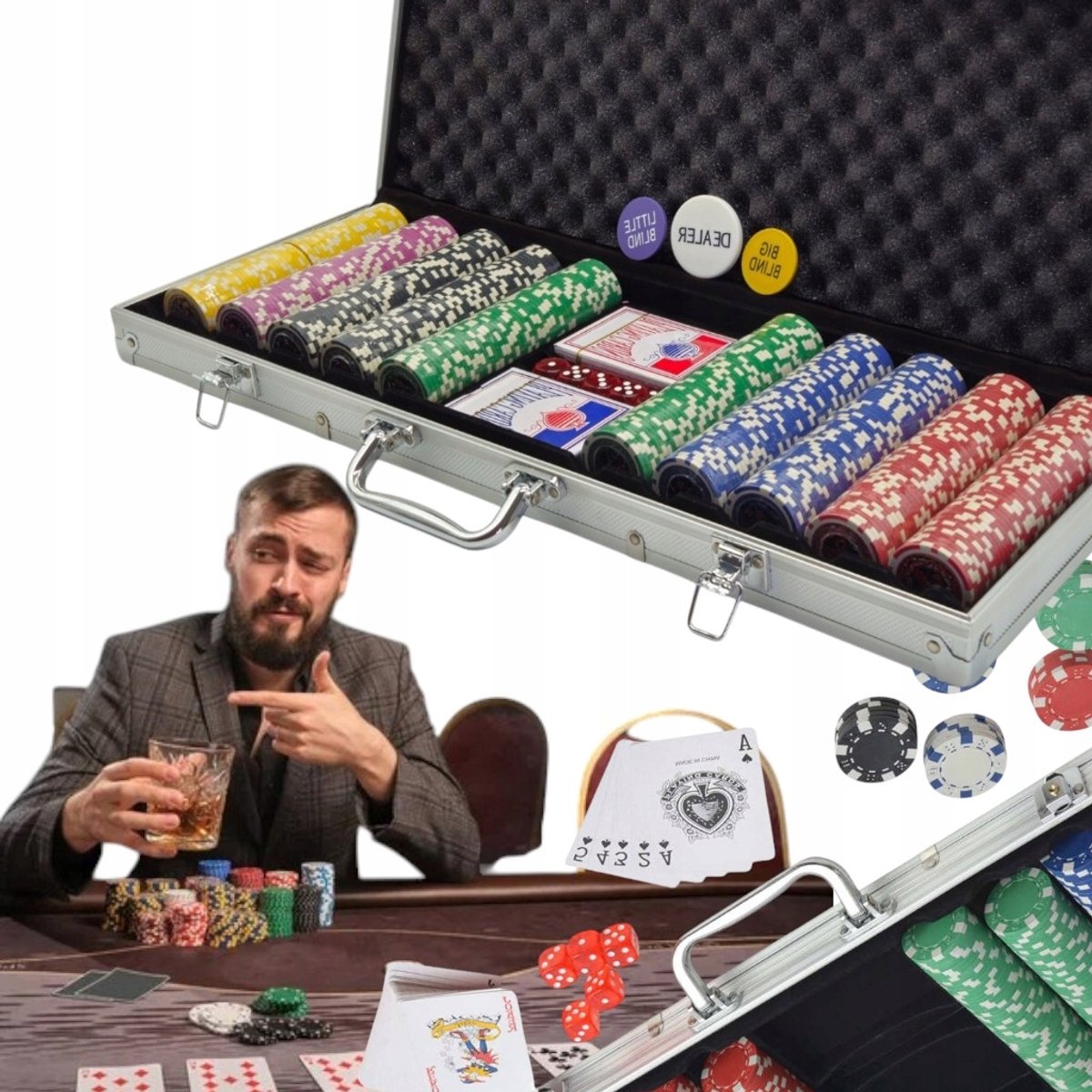 Complete pokerset: 500 fiches, kaart, Mata en luxe koffer