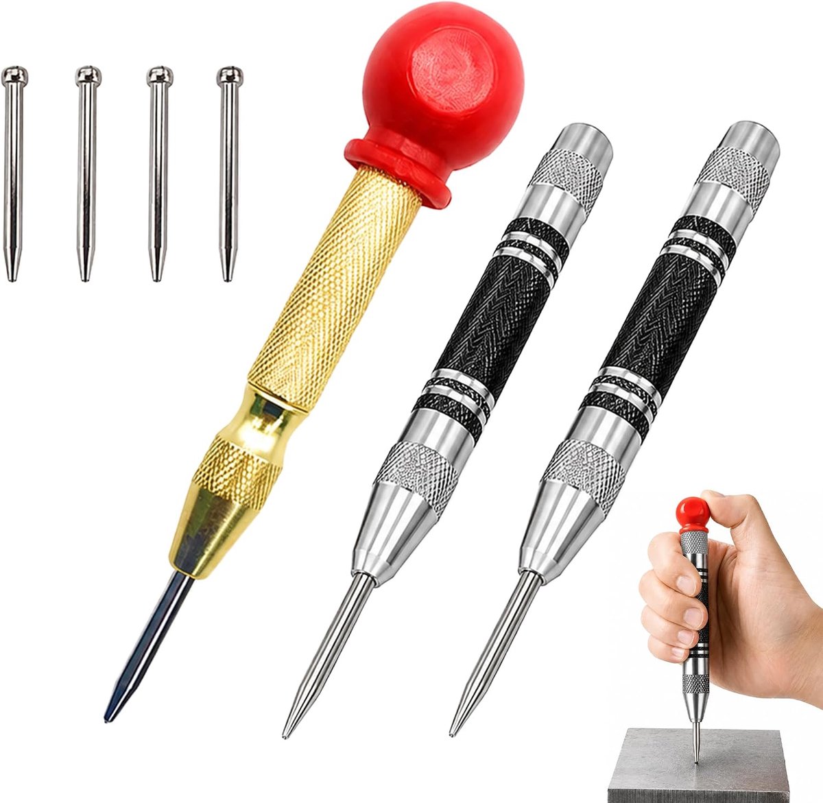 Handmatige centreerpunt, in set, antislip, gekarteld, met reservepunten, markeringsgereedschap voor het voorboren van - ShopVlot