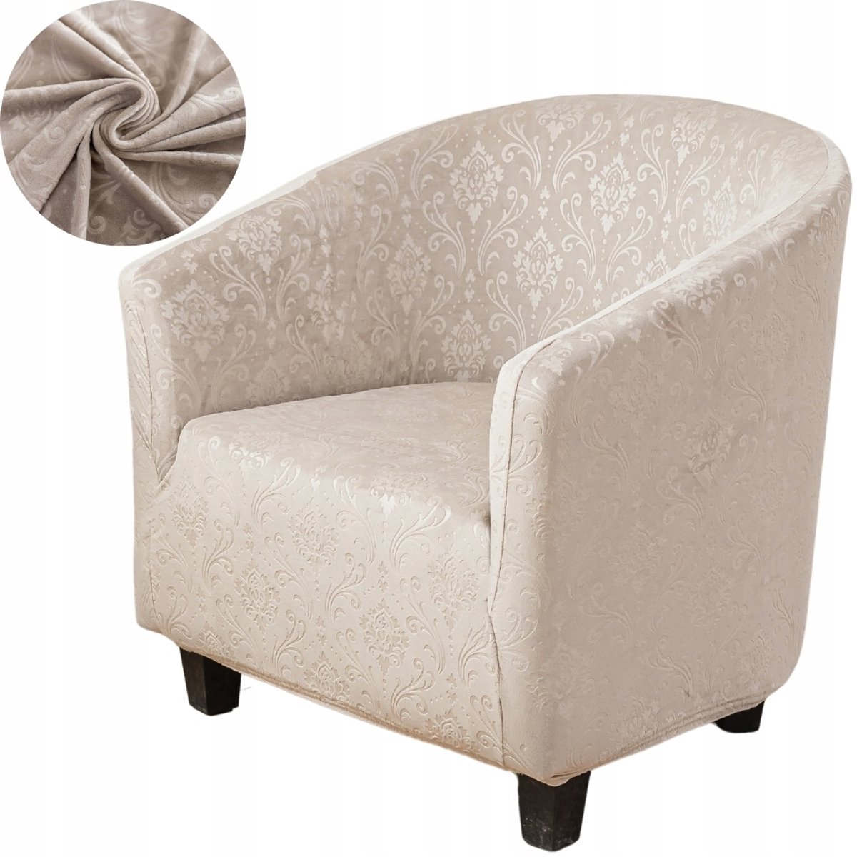 Merkloos Beige Velours Clubfauteuilhoes met Ornament - Elastisch & Duurzaam