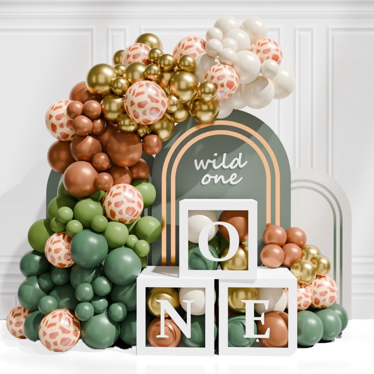 Verjaardagsdecoratie 1e verjaardag - 3-delige jungle ballonboxen - Groene safari ballonboog - SnelShoppen